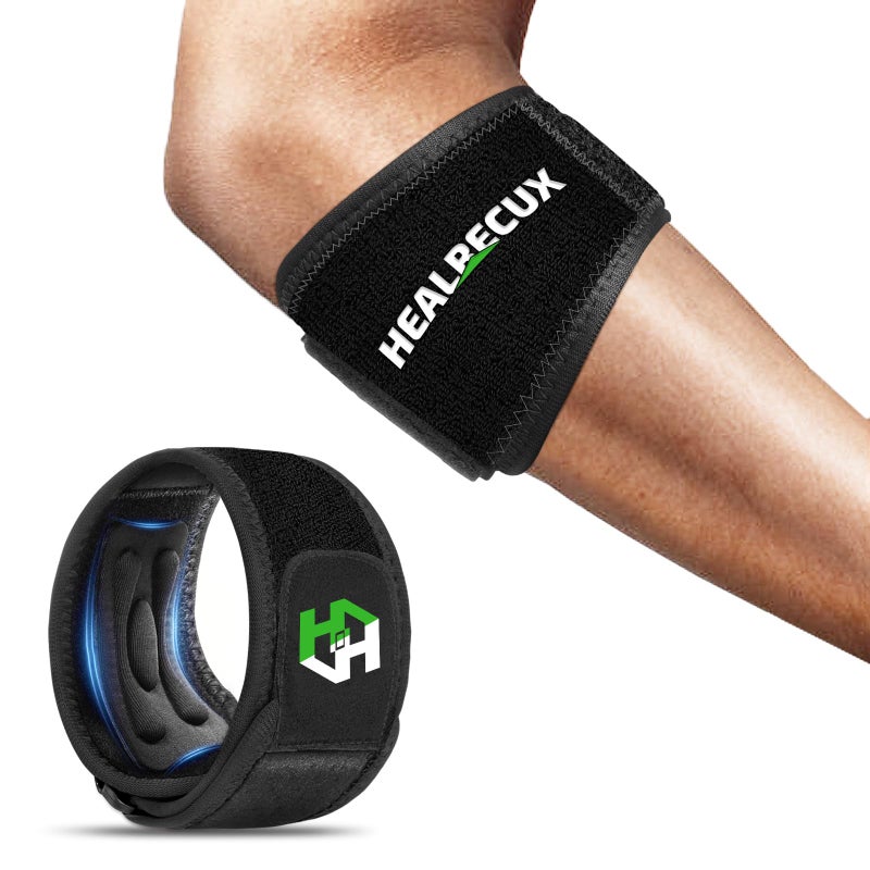 Healrecux Tennis Elbow Support Strap for Women Men, Golfers Elbow Support with Dual Removable Compression Pad for Tendonitis Relief, Forearm Strap for Sports & Daily Work - Black 1 Pack